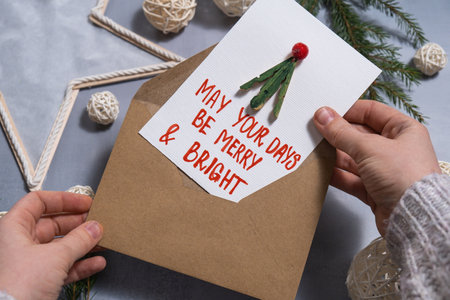 Christmas tree Gift Christmas idea. Do it yourself instruction postcard eco-friendly decoration. Making handmade presents childrens diy projects. Holiday family timeの写真素材