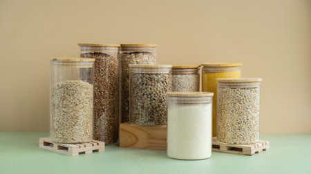 Set of Raw porridges in sustainable packaging. Refillable systems of packaging. Gluten free cereals. Health gut benefits. Concept of alternative whole spelt grain ingredient. Vegetarian diet recipes. Plant-based lifestyle. Copy space Protein richの写真素材