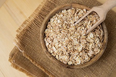 Raw oatmeal porridge Gluten free cereals. Health gut benefits. Concept of alternative whole spelt grain ingredient. Vegetarian diet recipes. Plant-based lifestyle. Copy space Protein richの写真素材