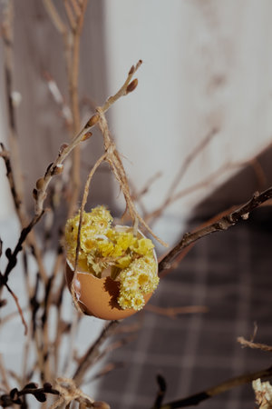 Egg shell handmade decoration for Easter holiday. Tutorial master class storytelling. Zero waste sustainable eco-friendly me made decor. Minimalisticの写真素材