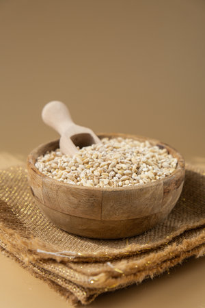 Pearl barley in neutral beige background. Whole spelt grain species. High protein fiber-rich vegan plant based food ingredient. Gluten free superfood healthy nutritional dietary alternativeの写真素材