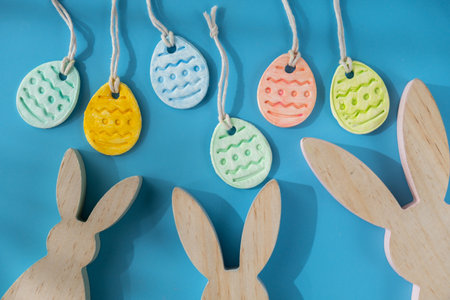 Group of air dry clay handmade decor on beige background. Children air dry clay activity handicraft idea. Preparing for holiday decorating. Modern organic design minimalistic plastic free sustainableの写真素材