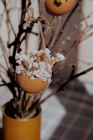 Egg shell handmade decoration for Easter holiday. Tutorial master class storytelling. Zero waste sustainable eco-friendly me made decor. Minimalisticの写真素材
