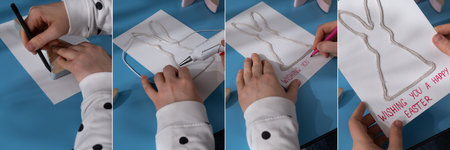 Collage of EASTER bunny made of cotton rope Sustainable preparation Diy process of making handmade greeting cards. Step by step activity for children. Inclusive and responsible stress relief holiday hobbyの写真素材