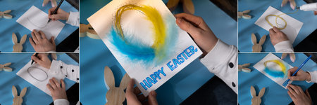 Collage of EASTER egg made of rope and feathers Sustainable preparation Diy process of making handmade greeting cards. Step by step activity for children. Inclusive and responsible stress relief holiday hobbyの写真素材