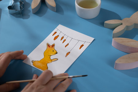 Drawing Easter rabbit bunny Storytelling of creating craft Easter greeting card holiday present. Tactile hand-on activity. Master class progress of creative me-made gifts. Seasonal domestic life micro moment hobbyの写真素材