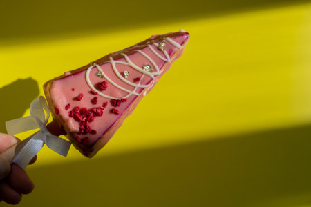 Hand holding trendy sweet dessert cheesecake on colorful vibrant yellow background. Takeout takeaway present idea. Copy space for advertisement homemade cake bakery treat trendの写真素材