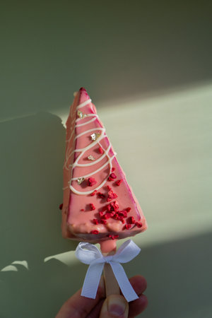 Trendy miniature ice cream cheesecake on stick in vibrant pink color on pastel background. Copy space mock up template sample for bakery mini dessert coffee shop. Cake to go takeaway sweet holiday gift ideaの写真素材