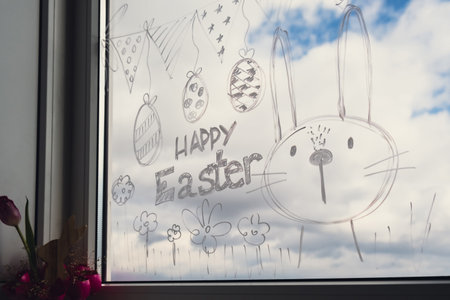 HAPPY EASTER text on creative painted window with white marker. Easter bunny rabbit decoration on big clear window. Springtime idea home decorationの写真素材