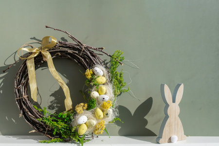 Candid Easter wreath arrangement decor. Handmade craft creative present or gift idea. Zero waste eco-friendly springtime holidayの写真素材