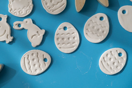 Children air dry clay activity handicraft idea. DIY process step by step instruction. Preparing for Easter holiday decorating. Modern organic design minimalistic plastic free sustainableの写真素材