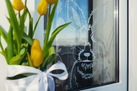 Creative painting on window with white marker. Easter bunny rabbit decoration on big clear window. Springtime idea home decorationの写真素材