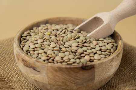 Raw green lentil Gluten free cereals. Health gut benefits. Concept of alternative whole spelt grain ingredient. Vegetarian diet recipes. Plant-based lifestyle. Copy space Protein richの写真素材