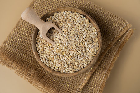 Raw pearl barley porridge Gluten free cereals. Health gut benefits. Concept of alternative whole spelt grain ingredient. Vegetarian diet recipes. Plant-based lifestyle. Copy space Protein richの写真素材