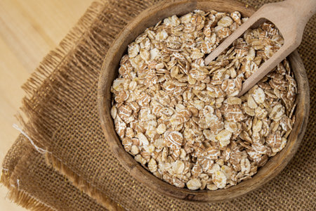 Raw oatmeal porridge Gluten free cereals. Health gut benefits. Concept of alternative whole spelt grain ingredient. Vegetarian diet recipes. Plant-based lifestyle. Copy space Protein richの写真素材