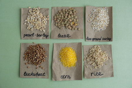 Refillable raw grain porridge with text in paper examples. Refill product format eco-friendly living. Whole spelt grain species. High protein fiber-rich vegan plant based food ingredient. Gluten free superfood healthy nutritional dietaryの写真素材