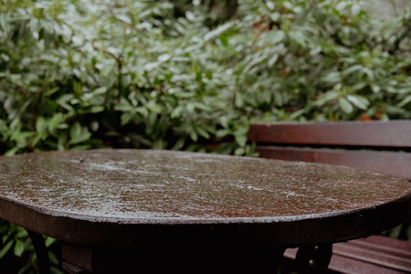 Drops of rain fall on wooden terrace in green garden outdoors. Empty wooden table against summer...