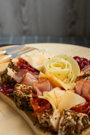 Wooden charcuterie cheese board holiday present idea. Snack starter plate for dinner with wine. Italian appetizers or antipasto set with gourmet food. Buffet partyの写真素材