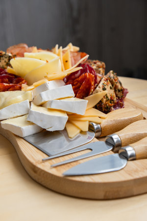 Food trend gift aperitivo party idea. Appetizers wooden grazing board with different antipasti charcuterie snacks and cheese. Assorted cheese meat platter.の写真素材