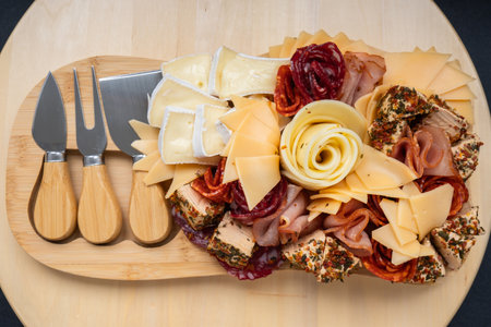 Food trend gift aperitivo party idea. Appetizers wooden grazing board with different antipasti charcuterie snacks and cheese. Assorted cheese meat platter.の写真素材
