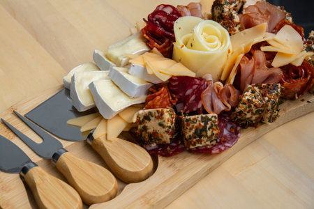 Cheese and meat charcuterie board. Gift present idea, dinner lunch plate. Minimal effort visually pleasing snacks. Simple meal preparation with special cheese knivesの写真素材