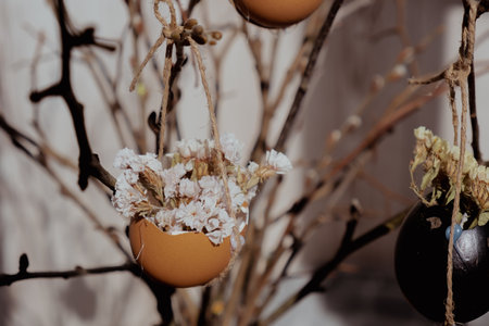 Egg shell handmade decoration for Easter holiday. Tutorial master class storytelling. Zero waste sustainable eco-friendly me made decor. Minimalisticの写真素材