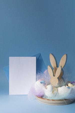 Envelope mockup template Self made egg shell with wooden bunny handmade decoration for Easter...
