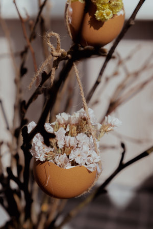 Tutorial How to make Easter table decoration with egg shells step by step instruction. Easter home decoration on wooden branch. Seasonal sustainable recycledの写真素材