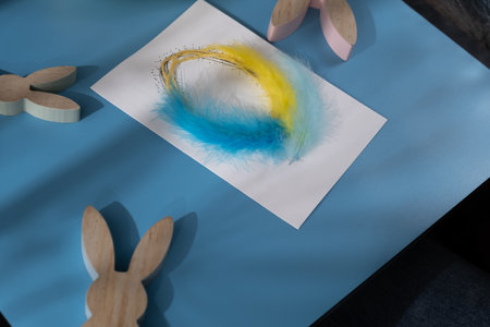 EASTER egg made of rope and feathers Sustainable preparation Diy process of making handmade greeting cards. Step by step activity for children. Inclusive and responsible stress relief holiday hobbyの写真素材