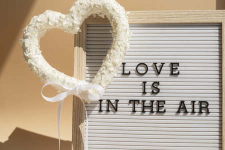 LOVE IS IN THE AIR phrase. Symbol of love with beautiful flower petals in heart shape in beige background. Creative concept of St Valentines day, romantic date or anniversary. Copy spaceの写真素材
