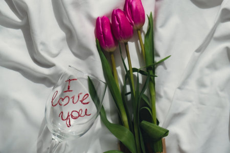 Wine glass with words I LOVE YOU Fresh bouquet of pink tulip flowers on bed. Gift present idea for holiday birthday 8 March Mothers Day Valentines day Womens Dayの写真素材