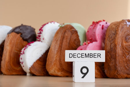 9 December calendar day celebration National Pastry Day Heart shaped different variety flavor...