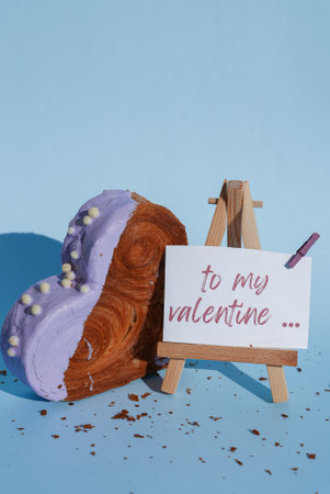 Valentines Day wishes saying caption on greeting card Delightful heartshaped pastry croissant treat, beautifully topped with colorful frosting galore. Copy space. Food experimentation viral creative baking trendの写真素材