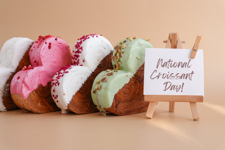 Holiday celebration NATIONAL CROISSANT DAY text Heart shaped different variety flavor croissants on beige background with copy space. Puff pastry new trendy sweet dessert bakery. Creamy doughの写真素材