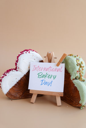 Delicious fresh croissant topped with colorful flavor Ganache. Creation unique heart shape bakery. Puff pastry holiday love gift present ideaの写真素材