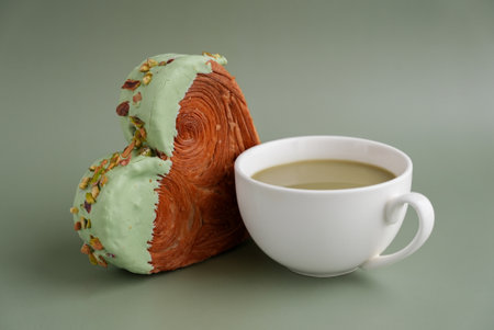 Drink beverage coffee cappuccino latte Delicious fresh croissant topped with Matcha Green Tea flavor Ganache. Creation unique heart shape bakery. Puff pastry holiday love gift present idea Valentines dayの写真素材