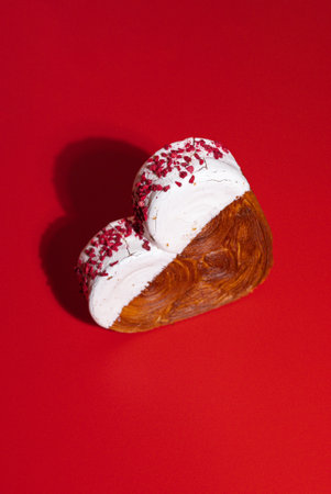 Creative ides Valentines Day love symbol Holiday celebration Heart shaped flavor croissants on red background with copy space. Puff pastry new trendy sweet dessert bakery. Creamy doughの写真素材