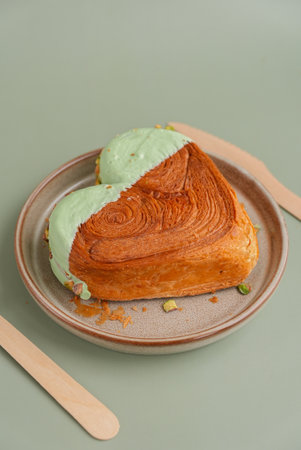 Delicious fresh croissant topped with Matcha Green Tea flavor Ganache on plate. Creation unique heart shape bakery. Puff pastry holiday love gift present idea Valentines dayの写真素材