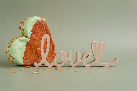 Wooden Love word Valentines Day holiday Heart shaped pistachio croissant on green background with copy space. Puff pastry trendy sweet dessert bakery. Creamy dough experimentの写真素材