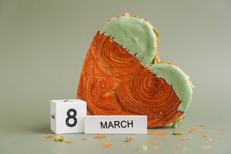 Womans day Delightful and vibrant heartshaped pastry croissant treat, beautifully topped with colorful frosting nut galore. Mock up template copy space. Food experimentation viral dessert creativeの写真素材