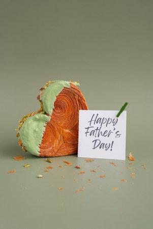 FATHERS day holiday card Delightful and vibrant heartshaped pastry croissant treat, beautifully topped with colorful frosting nut galore. Mock up template copy space.の写真素材