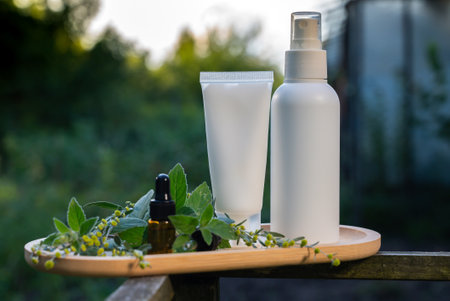 Natural repellent spray and cream mock up with essential oil mint. Protection against mosquito bite during summertime. Anti Mosquito skin treatmentの写真素材