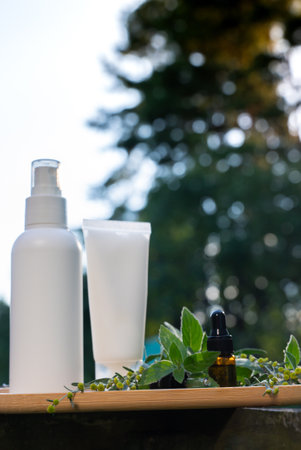 Insect repellent mosquito insecticide to kill flies bugs and mosquitoes outdoor skincare cream and spray white bottle mock up. Dermatological plant-based skin-friendly care. Sustainable skin health alternativeの写真素材