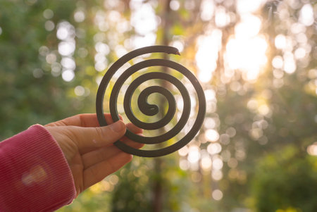 Smoldering mosquito coil spiral insect repellent mosquito insecticide to kill flies bugs and mosquitoes outdoor fumigators. Malaria zika virus and dengue fever preventionの写真素材