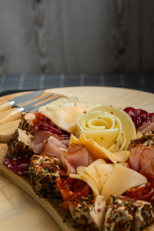 Food trend gift aperitivo party idea. Appetizers wooden grazing board with different antipasti charcuterie snacks and cheese. Assorted cheese meat platter.の写真素材