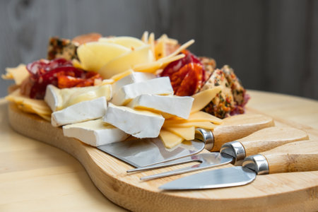 Cheese and meat charcuterie board. Gift present idea, dinner lunch plate. Minimal effort visually pleasing snacks. Simple meal preparation with special cheese knivesの写真素材