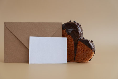 Empty paper note template sample mock up blank for wishes greeting holiday card Heartshaped pastry croissant treat topped with colorful frosting galore. Food experimentation viral dessert baking trendの写真素材