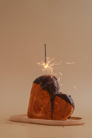 Shiny candle sparkler Heart shaped dark chocolate croissant on beige background with copy space. Puff pastry new trendy sweet dessert bakery. Creamy doughの写真素材