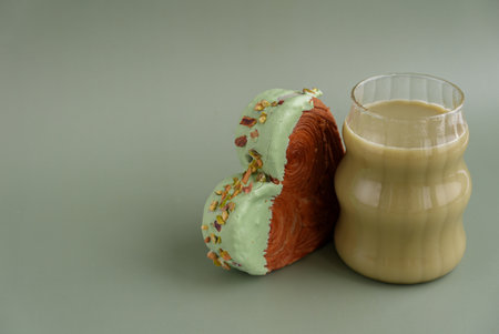 Drink beverage coffee cappuccino latte Delicious fresh croissant topped with Matcha Green Tea flavor Ganache. Creation unique heart shape bakery. Puff pastry holiday love gift present idea Valentines dayの写真素材