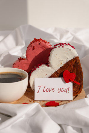 I LOVE YOU text message paper note card Morning breakfast Valentines Day Birthday celebration Delicious fresh variety croissants topped with colorful flavor Ganache. Creation unique heart shape bakery. Puff pastry holiday love gift present ideaの写真素材